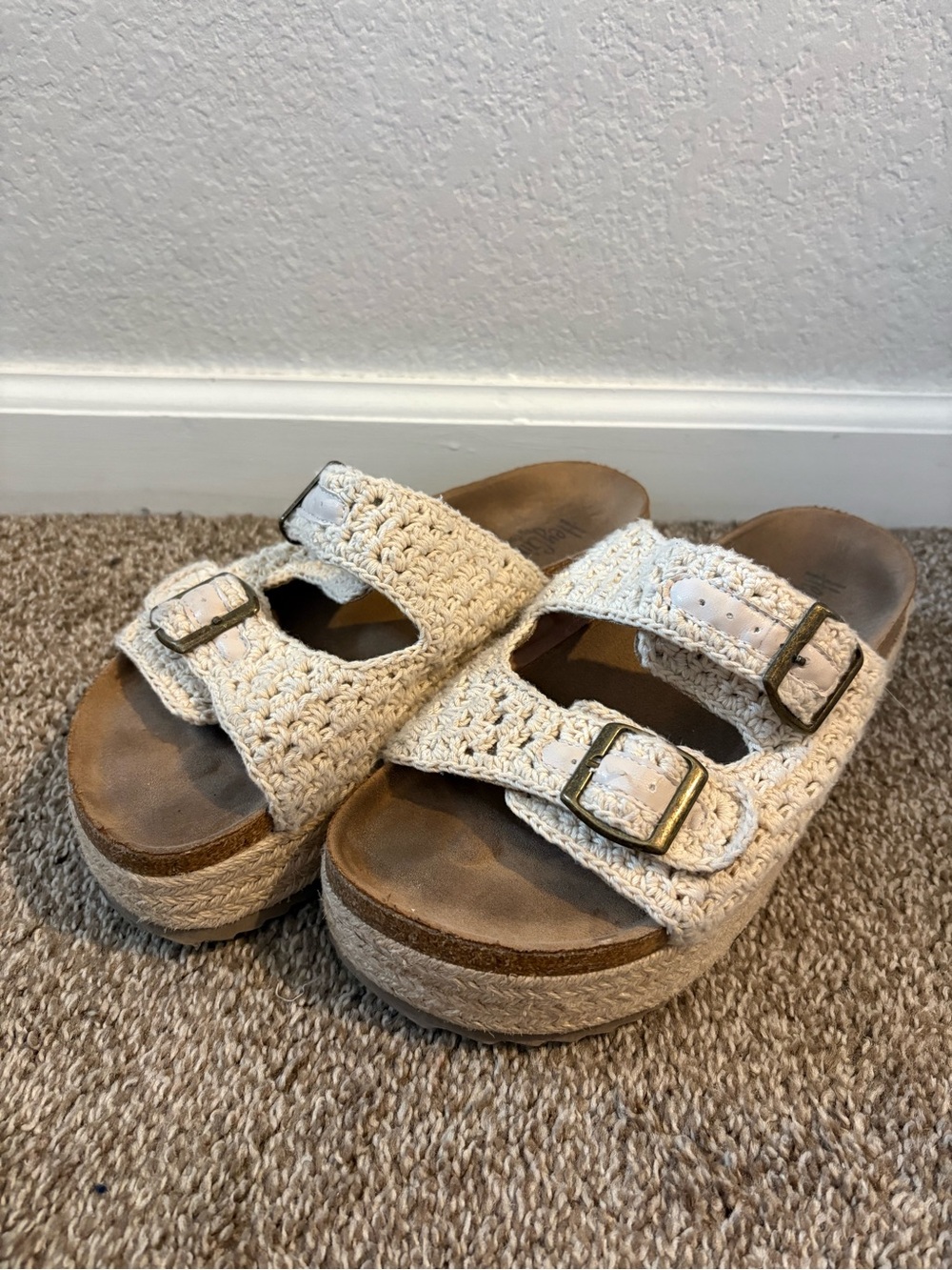 Crochet Double-Buckle Platform Sandals - Cream